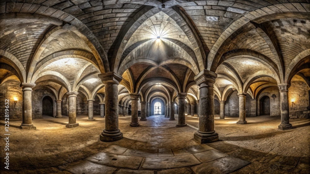 Obraz premium 360 degrees HDRI equirectangular of a dark old vaulted catacomb dungeon , catacomb, dungeon, vaulted, dark, old