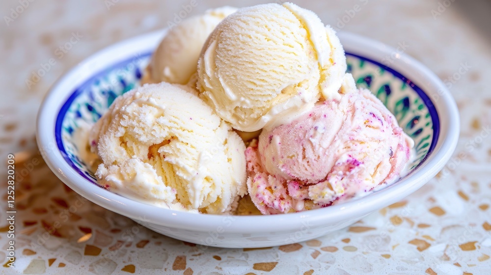 Ice cream scoops in colorful patterned bowl on marble surface