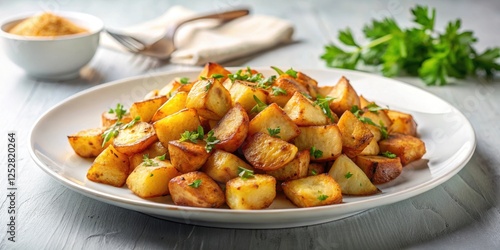 Crispy breakfast potatoes on a white plate, food, breakfast, potatoes, crispy, delicious, morning, meal, served, plate, golden