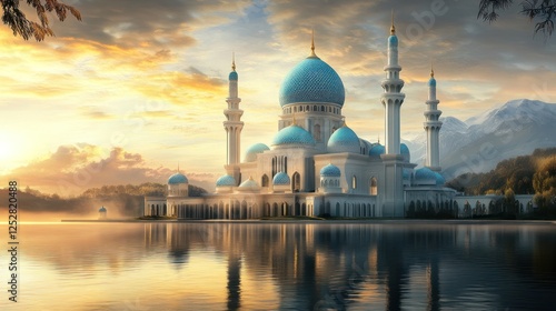 Majestic mosque with turquoise domes reflecting in serene water at sunset, surrounded by mountains