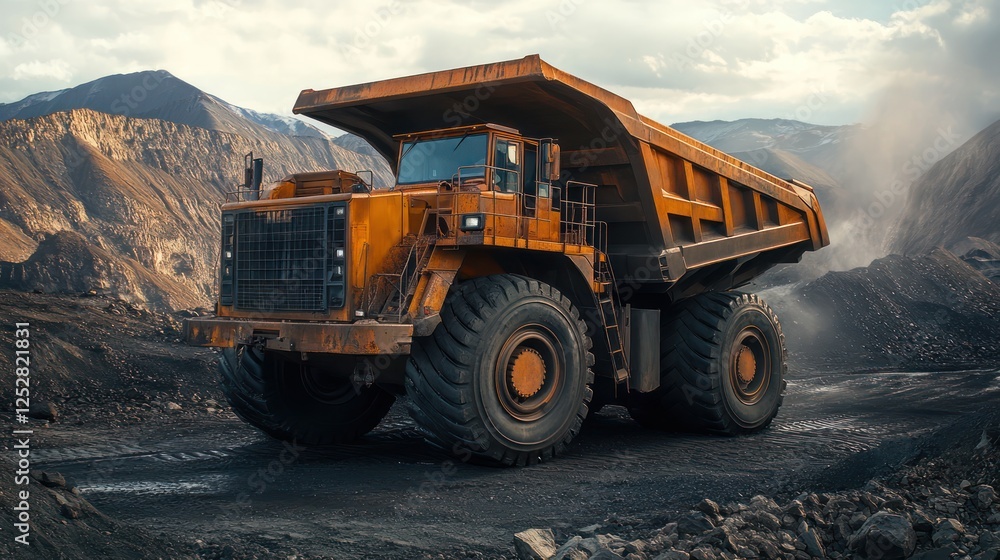 Massive Mining Dump Truck in Mountainous Terrain Massive Mining Dump Truck in Mountainous Terrain