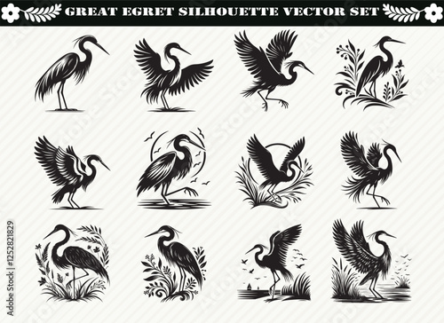 Great Egret Silhouette Vector Set: 12 Designs