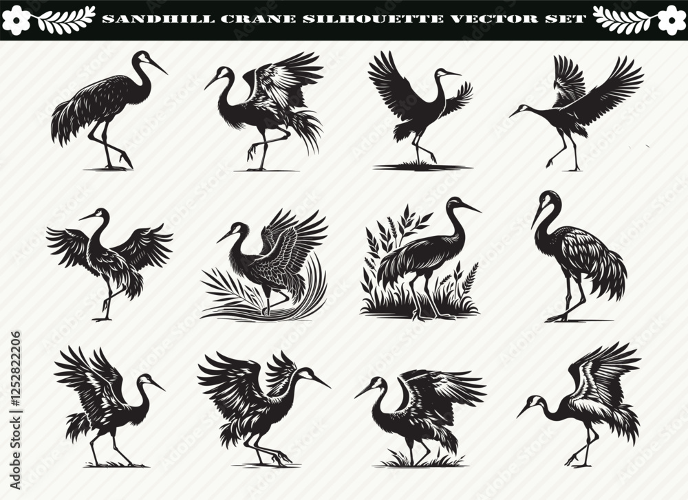 Obraz premium Sandhill Crane Silhouette Vector Set: 12 Designs