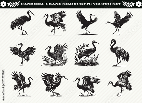 Sandhill Crane Silhouette Vector Set: 12 Designs