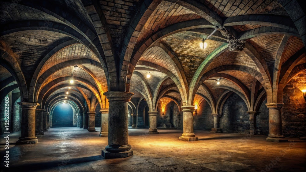 Obraz premium Dark and eerie underground catacomb dungeon with vaulted ceilings and atmospheric lighting , dungeon, catacomb, vaulted