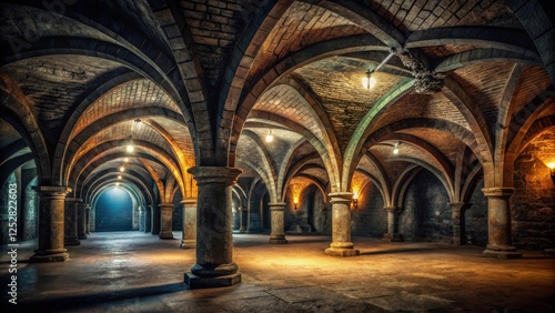 Dark and eerie underground catacomb dungeon with vaulted ceilings and atmospheric lighting ,  dungeon, catacomb, vaulted photo