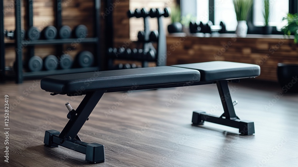 A black adjustable weight bench sits in a modern gym. Dumbbells are in the background, suggesting a workout environment. The bench is clean and well-maintained A black adjustable weight bench sits in a modern gym. Dumbbells are in the background, suggesting a workout environment. The bench is clean and well-maintained