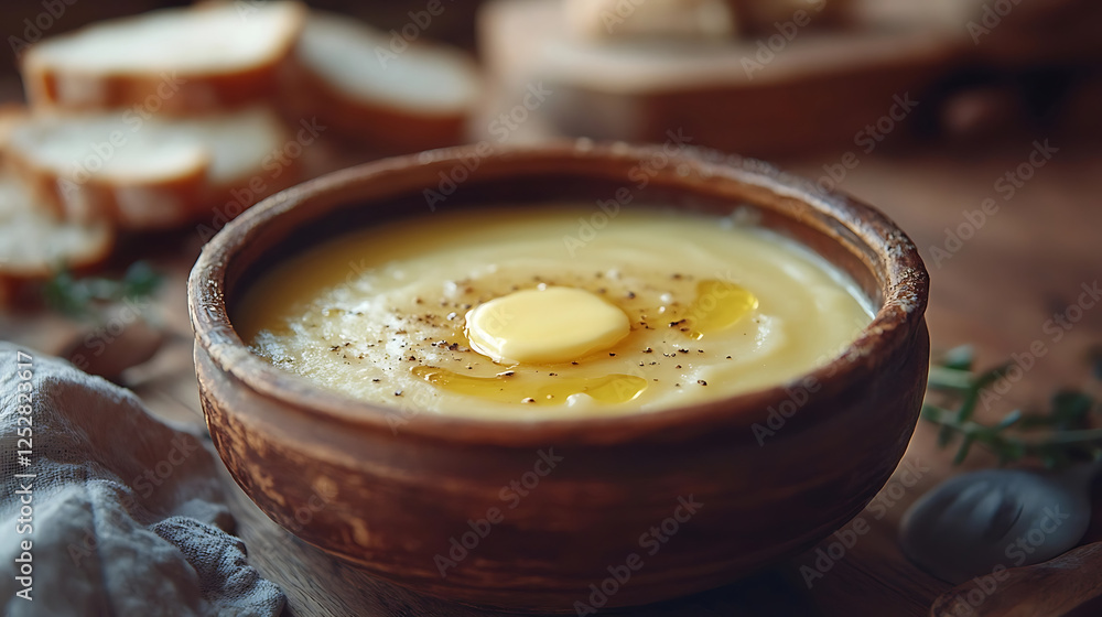 Smooth potato puree soup with butter on top served in a wooden bowl with bread slices Smooth potato puree soup with butter on top served in a wooden bowl with bread slices