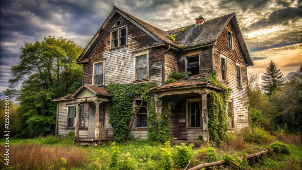 Creepy old abandoned house with broken windows and overgrown yard, spooky, derelict, eerie, haunted, run-down, neglected Creepy old abandoned house with broken windows and overgrown yard, spooky, derelict, eerie, haunted, run-down, neglected