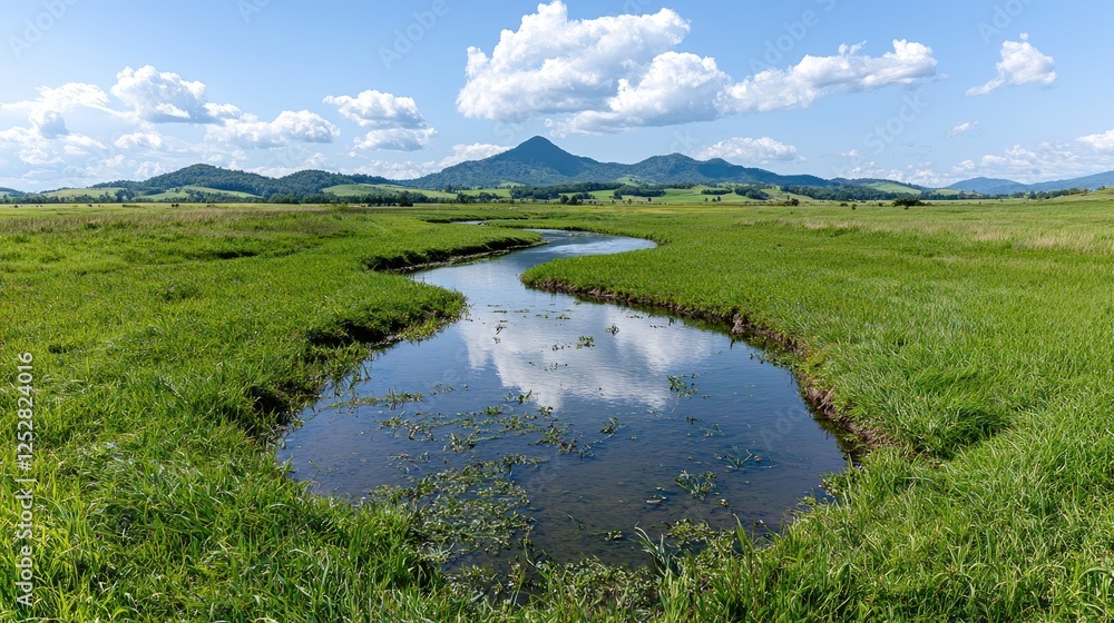 Fototapeta premium Serpentine river winding through grassy valley under a partly cloudy sky. Possible use Stock photo for nature, travel, or environmental campaigns