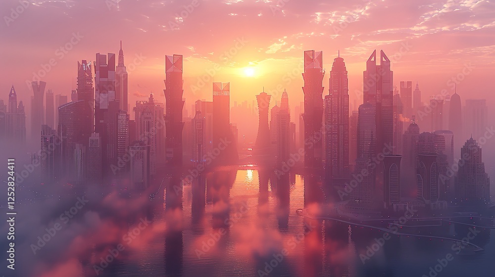 Fototapeta premium A stunning view of Doha's contemporary high-rises reflecting on water during sunrise at Sheraton Park in Qatar. HD 8K wallpaper Photographic Image