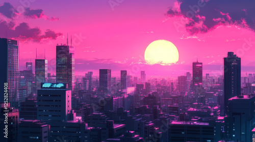 Wallpaper Mural Beautiful sunrise behind modern city buildings. Vector cartoon illustration of early morning urban landscape with apartment and office skyscrapers, pink sky with bright sun. Cityscape background Torontodigital.ca