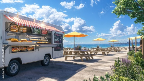 A food truck in a beachside location, serving gourmet burgers and fries, with picnic tables and umbrellas nearby, and the ocean visible in the background.
