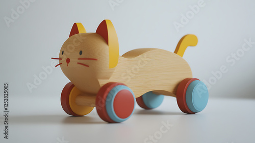 A colorful wooden toy cat with wheels, perfect for imaginative play and decor. photo