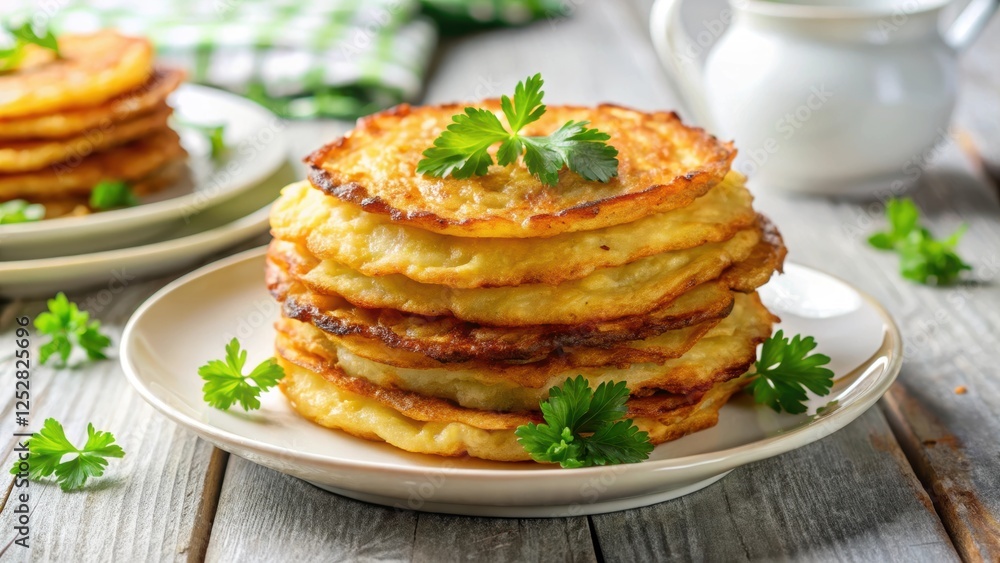 Stack of crispy Polish potato pancakes on white plate , Traditional, Polish cuisine, Potato pancakes, Stack Stack of crispy Polish potato pancakes on white plate , Traditional, Polish cuisine, Potato pancakes, Stack