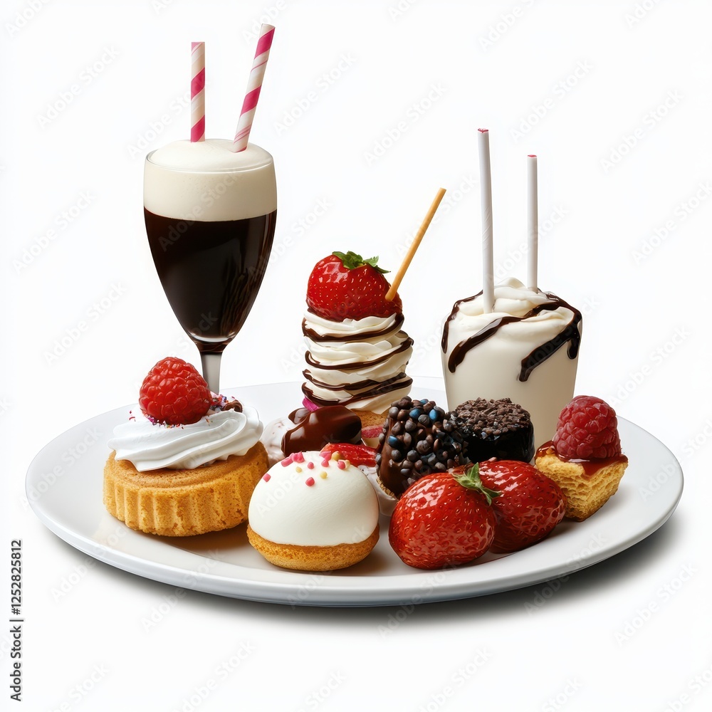 Assorted Desserts on White Plate with Chocolate Toppings Assorted Desserts on White Plate with Chocolate Toppings