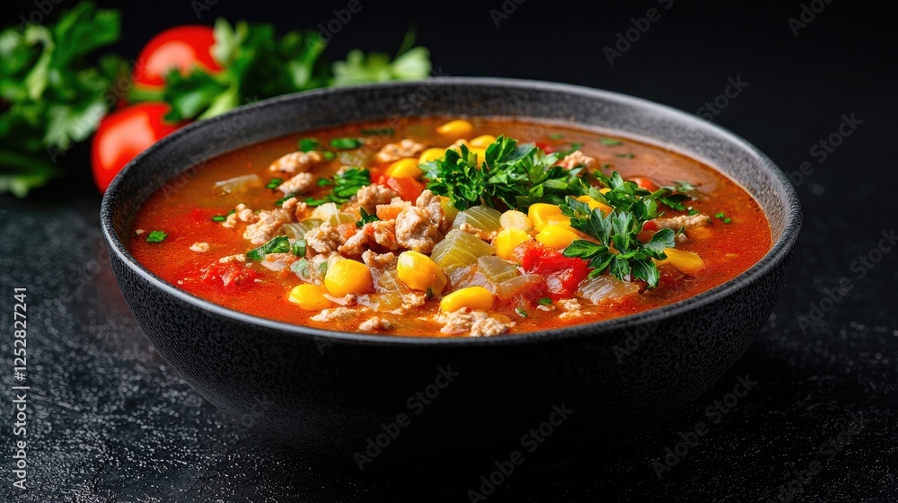 Hearty Corn and Beef Soup, Dark Background Hearty Corn and Beef Soup, Dark Background