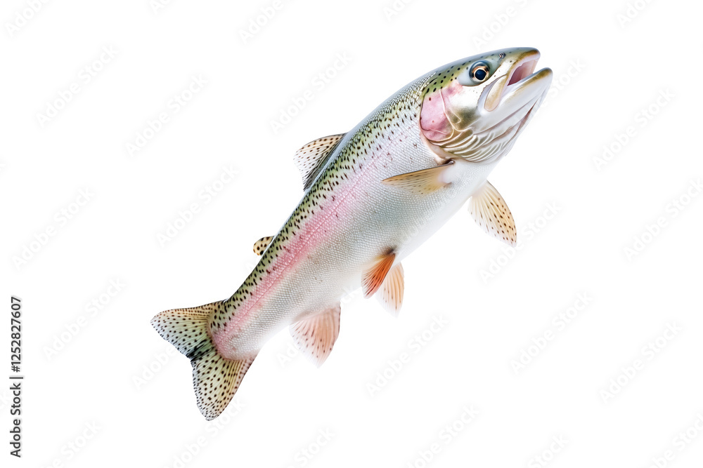 Naklejka premium Closeup of a colorful rainbow trout fish with spotted scales, fins and open mouth isolated on white transparent background, concept of wildlife