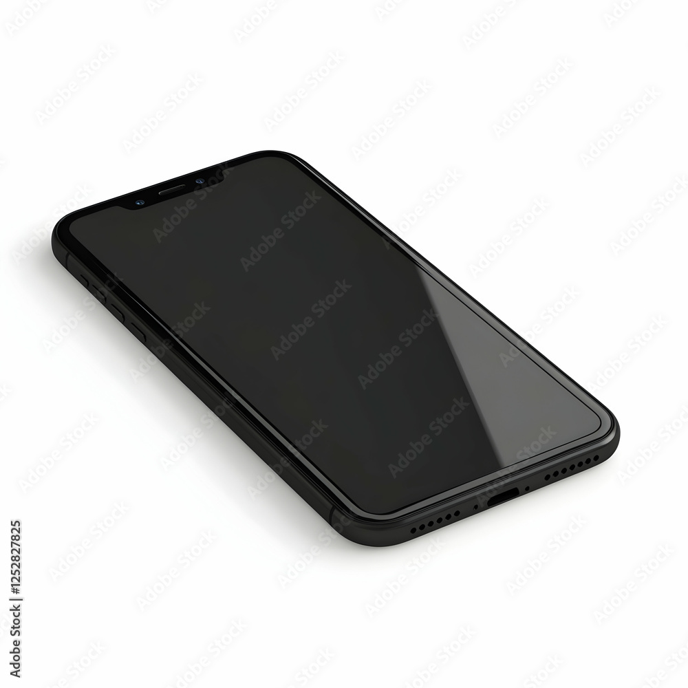 Black smartphone mockup, angled view, white background, technology Black smartphone mockup, angled view, white background, technology