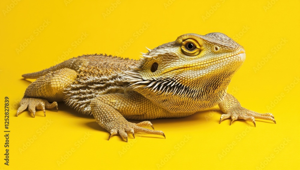 Fototapeta premium Close-up of a bearded dragon on yellow background.