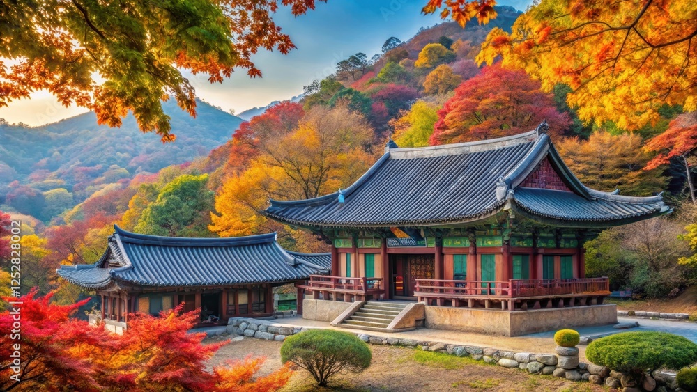 Korean temple with vibrant autumn foliage in the background, Korea, temple, colorful, autumn, foliage, fall, leaves Korean temple with vibrant autumn foliage in the background, Korea, temple, colorful, autumn, foliage, fall, leaves