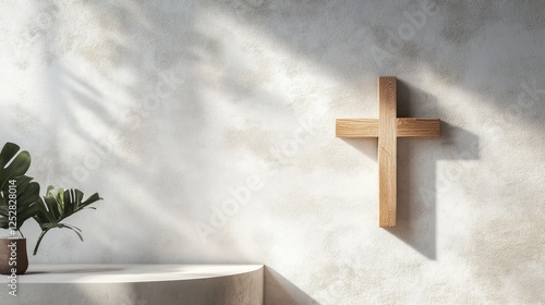 A simple wooden cross placed on a whitewashed wall, with subtle lighting highlighting its texture and grain, evoking a sense of calm and reverence.
