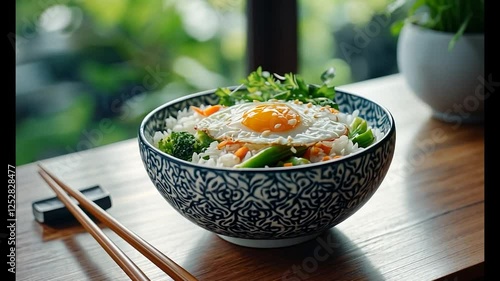 Fried egg, rice, veggie bowl, outdoor setting