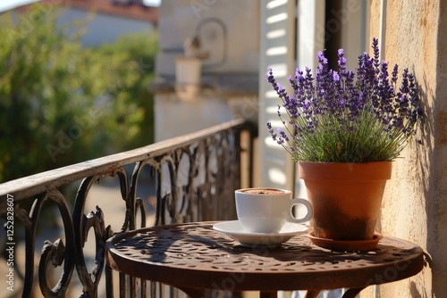 Sunlit balcony corner, steaming coffee mug nestled near blooming lavender, radiating peaceful morning tranquility
