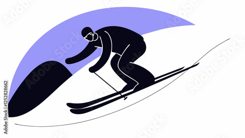 Stylized depiction of a skier descending a slope demonstrates dynamic movement and simple design.Curved lavender shape in the background complements the skier's black silhouette, emphasizing speed.AI