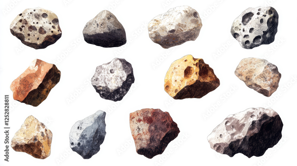 Stone asteroid belt realistic vector illustration. Meteor, space boulder or rock with craters flying in weightlessness isolated icon set on white background, various form Stone asteroid belt realistic vector illustration. Meteor, space boulder or rock with craters flying in weightlessness isolated icon set on white background, various form