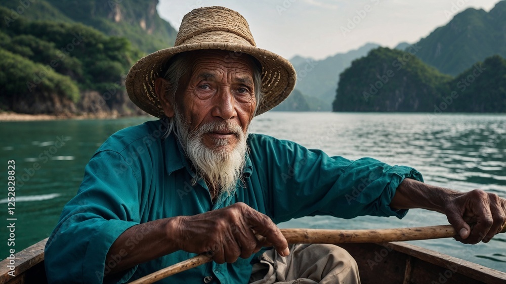 A close-up portrait of a elderly fisherman wearing a straw hat enjoying nature near water A close-up portrait of a elderly fisherman wearing a straw hat enjoying nature near water