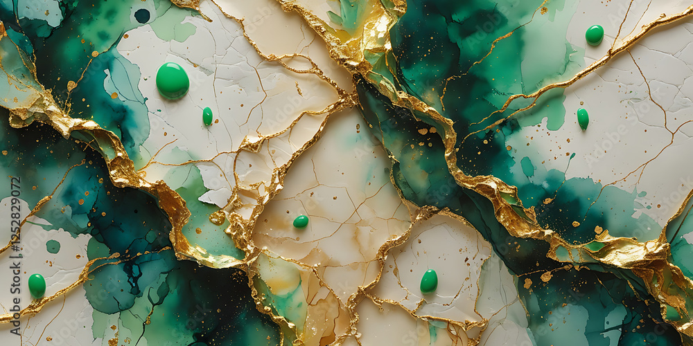 Fototapeta premium Golden green shiny veins and cracked marble texture background, created by generative AI