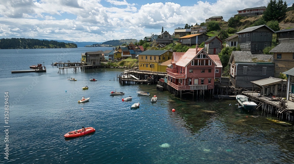 Naklejka premium Colorful Waterfront Houses and Boats on a Calm Bay with Cloudy Skies