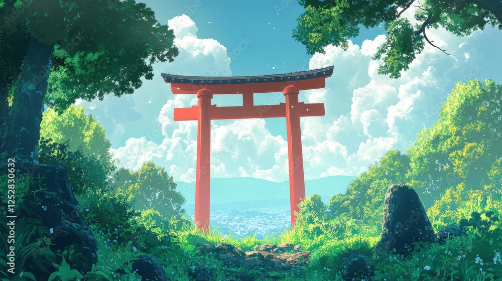 A vibrant red Japanese torii gate standing tall against a serene landscape, with lush greenery surrounding the structure, symbolizing peace and spirituality. A vibrant red Japanese torii gate standing tall against a serene landscape, with lush greenery surrounding the structure, symbolizing peace and spirituality.