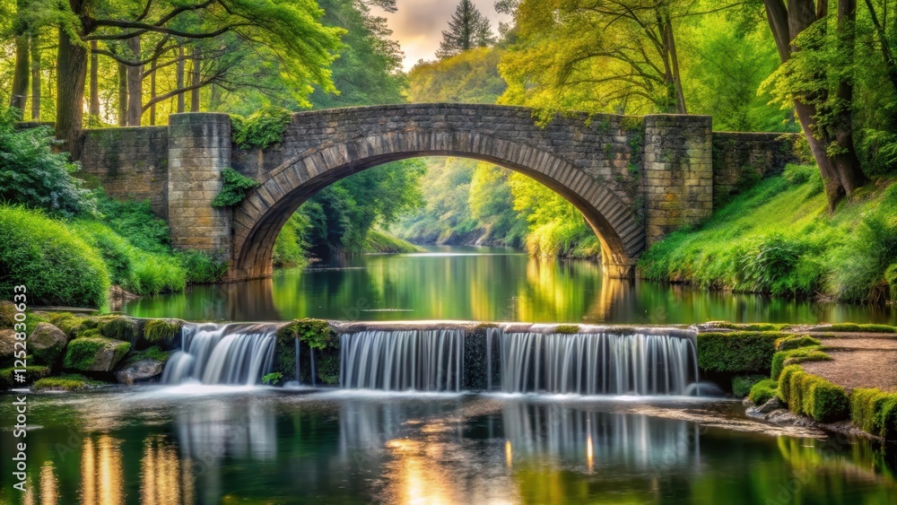 Stone bridge over calm river with waterfall, surrounded by lush trees , stone bridge, calm river, waterfall, trees Stone bridge over calm river with waterfall, surrounded by lush trees , stone bridge, calm river, waterfall, trees