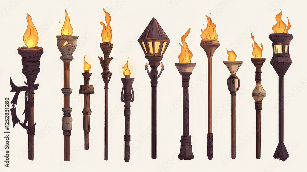 Cartoon set of burning and extinct torches isolated on background. Vector illustration of wooden, iron flares with and without fire. Interior design elements for medieval castle dungeon illumination Cartoon set of burning and extinct torches isolated on background. Vector illustration of wooden, iron flares with and without fire. Interior design elements for medieval castle dungeon illumination