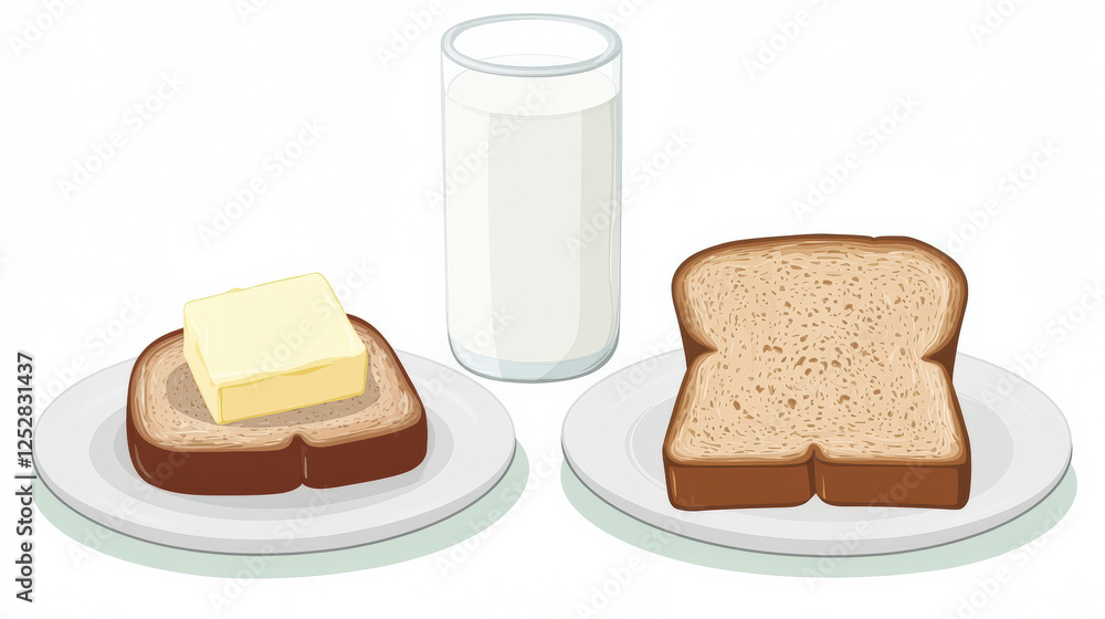 rustic breakfast spread featuring bread, butter, and glass of milk evokes cozy morning vibe rustic breakfast spread featuring bread, butter, and glass of milk evokes cozy morning vibe
