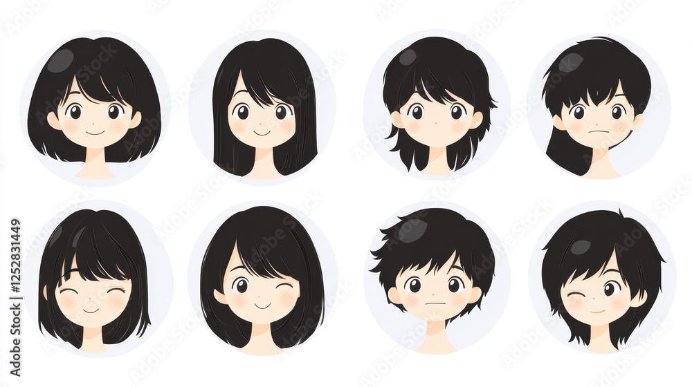 People avatars, round icons with faces of male and female characters. Young men or women with black hair color, different portraits for social media and web design, isolated Line art flat vector set People avatars, round icons with faces of male and female characters. Young men or women with black hair color, different portraits for social media and web design, isolated Line art flat vector set