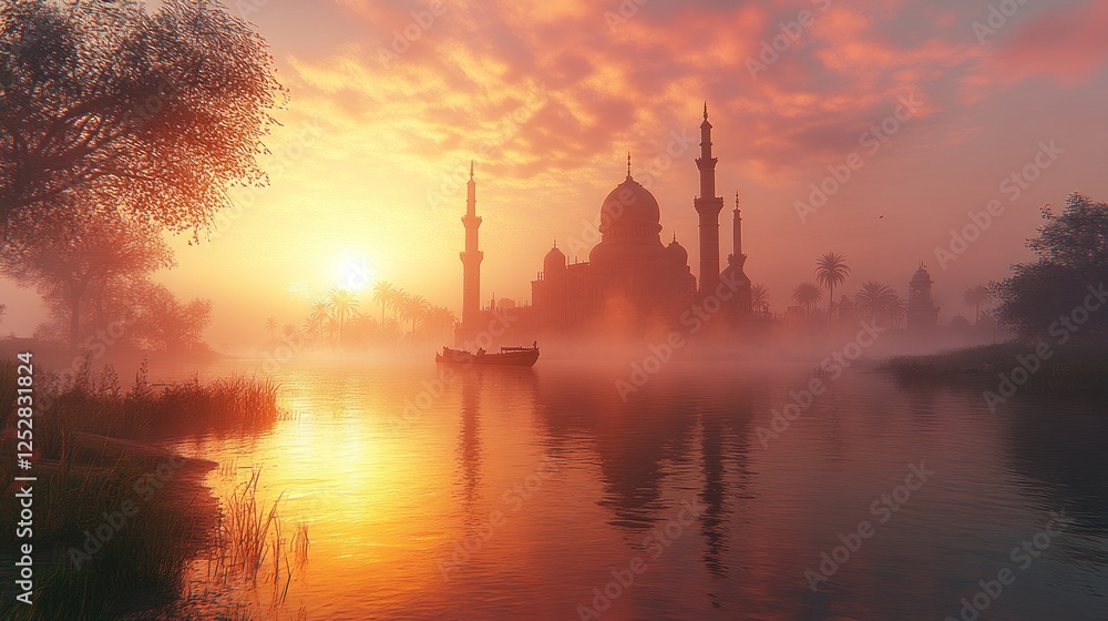 Serene sunset over a tranquil river with a majestic mosque silhouette and misty landscape Serene sunset over a tranquil river with a majestic mosque silhouette and misty landscape