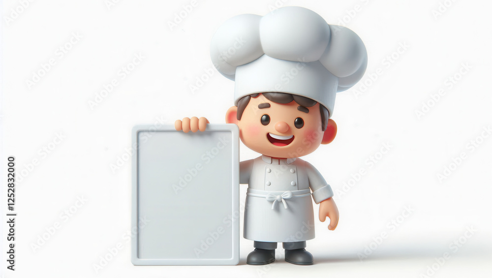 Cheerful cartoon chef holding blank menu kitchen digital art bright playful concept Cheerful cartoon chef holding blank menu kitchen digital art bright playful concept