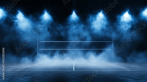 A dramatic indoor volleyball court with blue lighting and fog, creating a captivating atmosphere for sports enthusiasts.