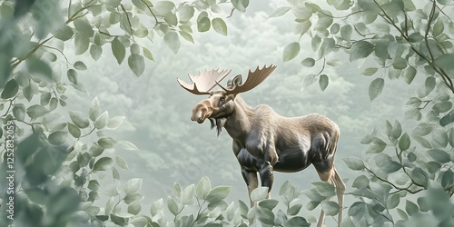 A tranquil summer backdrop of soft green leaves with a moose standing majestically in a forest clearing.