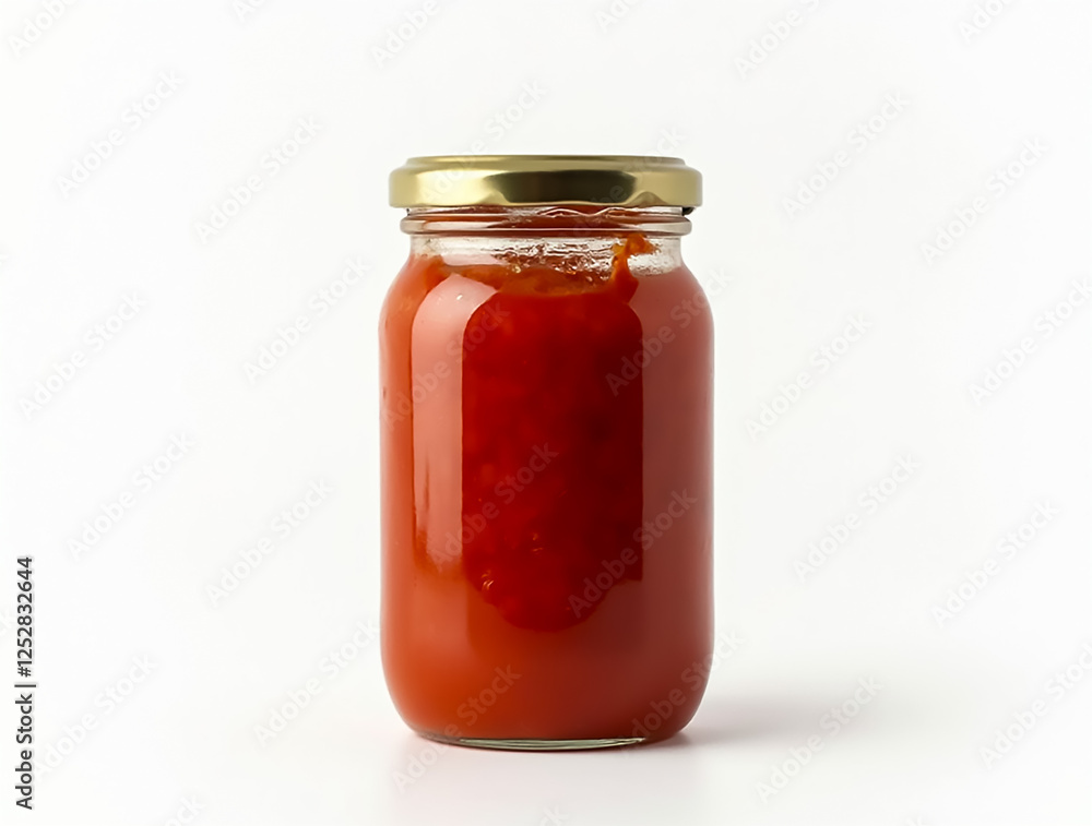 A clear glass jar filled with vibrant tomato sauce sits against a white background. The golden lid complements the rich red color, ideal for enhancing meals. A clear glass jar filled with vibrant tomato sauce sits against a white background. The golden lid complements the rich red color, ideal for enhancing meals.