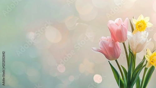 Pastel-Colored Gentle Background with Spring Flowers, Free Copy Space, Serene and Calm Aesthetic
