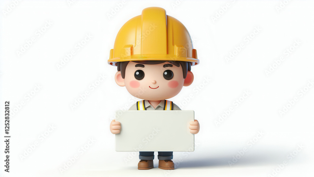 Construction worker character holding sign studio setting 3d animation playful environment Construction worker character holding sign studio setting 3d animation playful environment