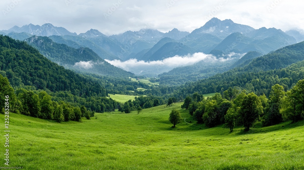 Lush valley with mountains and clouds, serene landscape, nature, travel Lush valley with mountains and clouds, serene landscape, nature, travel