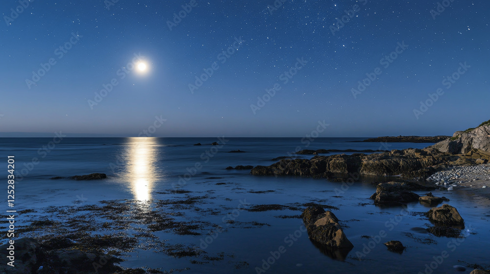 Fototapeta premium Sea landscape with full moon, stars and clouds in sky at night. Vector cartoon illustration of midnight scene with ocean or lake with moonlight reflection in water surface