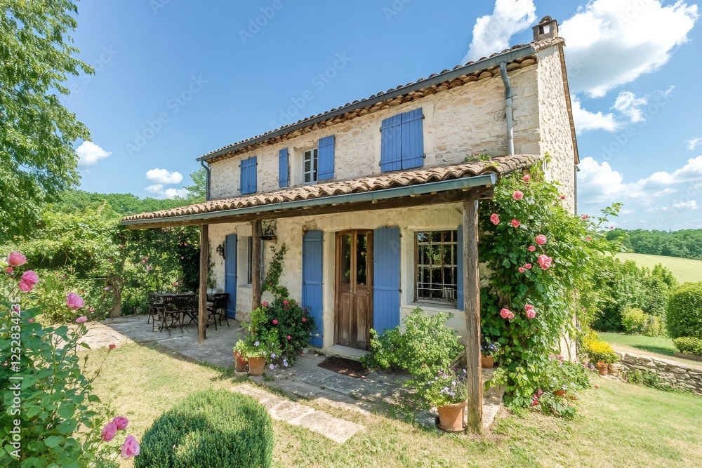 Stone country house with blue shutters, a tiled roof, and climbing roses, showcasing the charm of rural France Stone country house with blue shutters, a tiled roof, and climbing roses, showcasing the charm of rural France