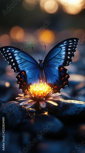 Glowing Butterfly On Flower At Sunset photo