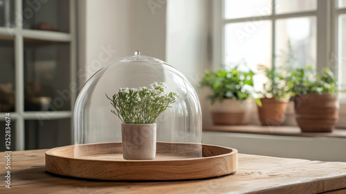 Vintage glass dome and old wooden tray realistic vector. Retro transparent glass dome square shape with knob handle, storage container, product presentation case with reflection, isolated illustration